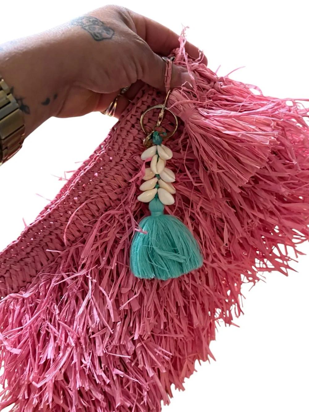 Pink Raffia Fringe Clutch with Tassel